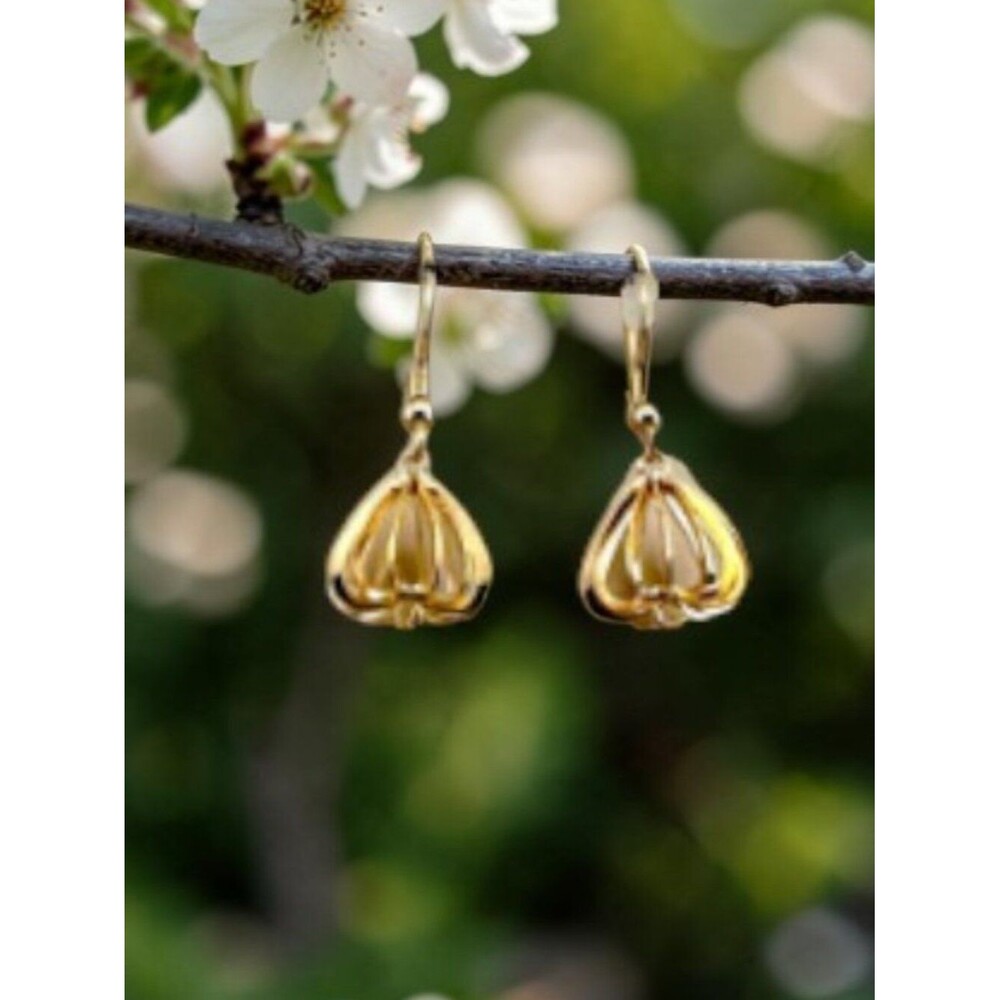 Vintage Gold Plated Cage Dangle Earrings Sculptural Lantern Lightweight